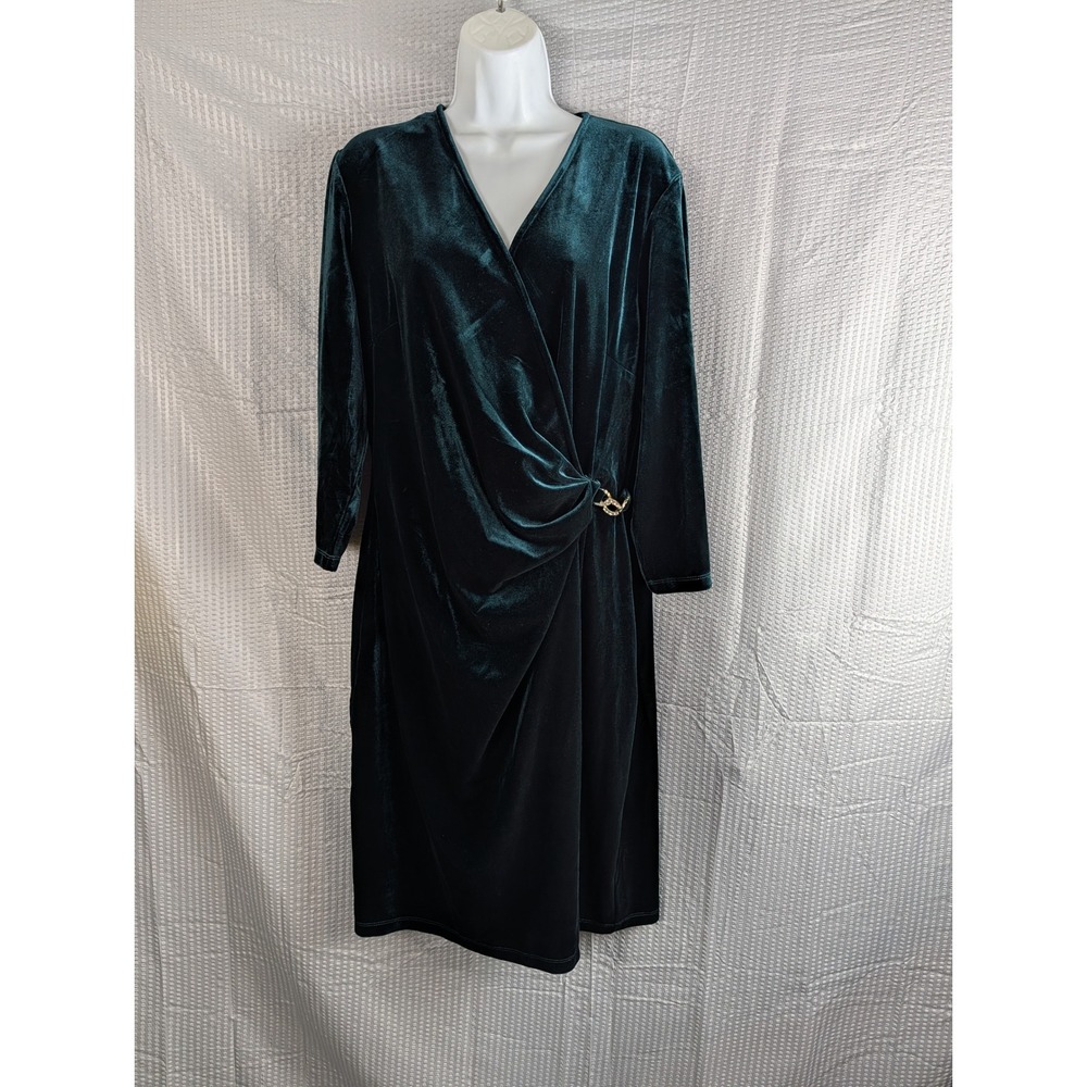 Anne Klein Womens Green Velvet Faux Wrap Dress Rhinestone Accent Size 16 Emerald